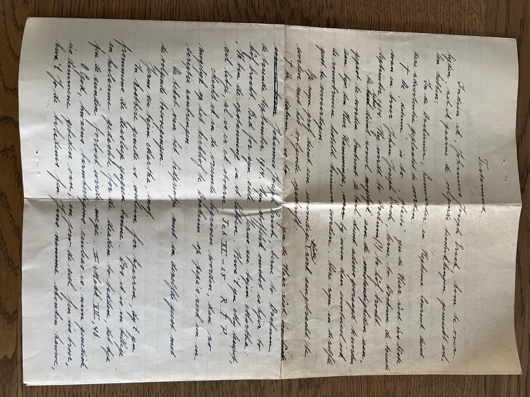 De Nederlandse transcriptie van het handgeschreven testament van Johannes Joseph Erich